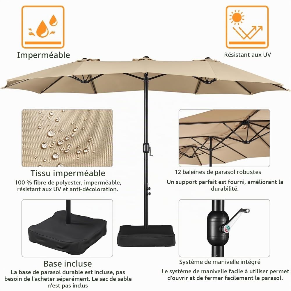 Yaheetech Parasol de Jardin Double Extérieur avec Base et Manivelle Sac de Rangement Parasol Triple Tête Terrasse Jardin Bord de la Mer Bistro