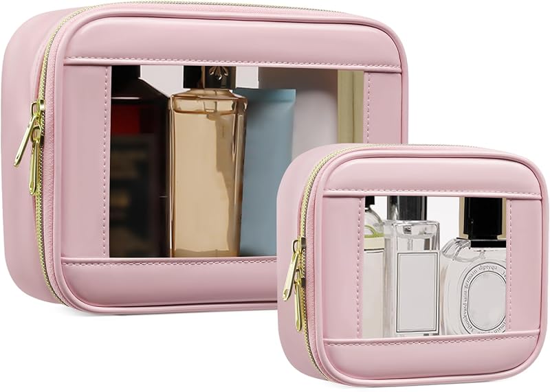 Conjunto com 2 necessaires transparentes de maquiagem JRQCSJY, modelo Mini + Medium, com zíper, Pink-2