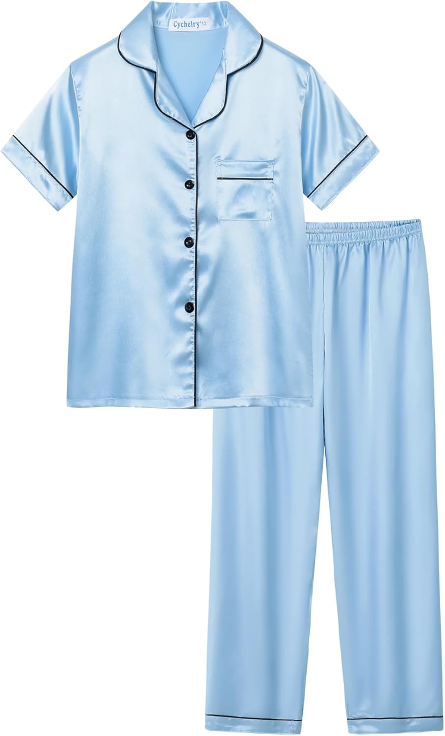 CYCHELRY Big Girls Lake Blue Satin Pajamas Summer Short Sleeve and Pants Button Down Silky Nighty Unisex Kid PJS 2PCS Sleepwear Set Size 8