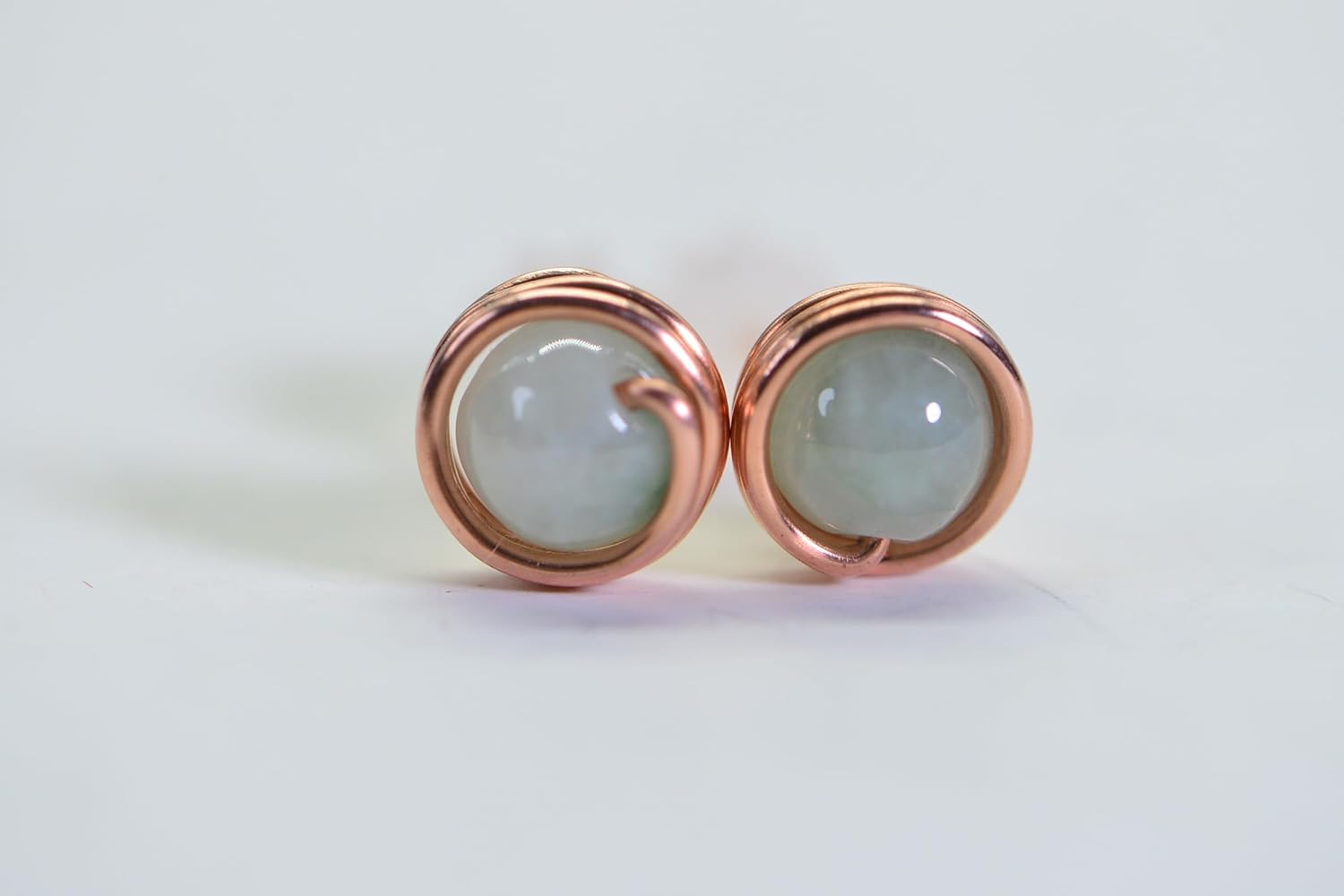 Wire Wrapped Stud Earrings Natural Jade Ice Green Copper Wire Wrap Jewelry