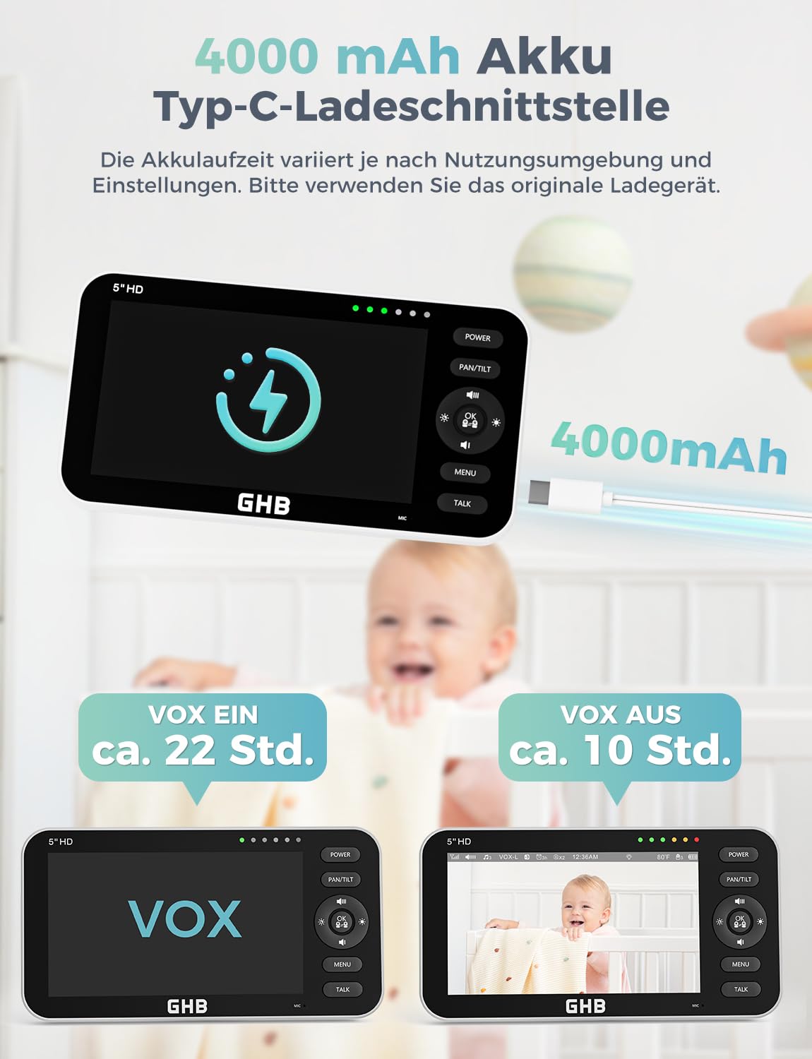 GHB Babyphone mit Kamera 5 Zoll 720P HD IPS-Display mit 4000mAh Akku Pan/Tilt 350°/110° VOX-Modus Gegensprechen Nachtsicht Temperaturanzeige