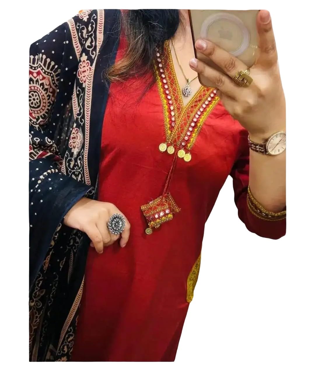 Women Black Kurta Set with Red Printed Dupatta (IN, Alpha, M, Regular, Red)