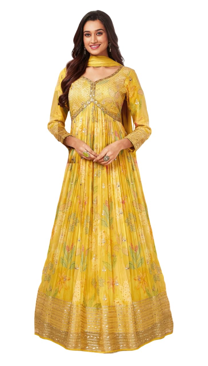Xomantic Fashion Women's Yellow Sequins and Zari Work with Digital Print Floor Length Alia Cut Anarkali Suit