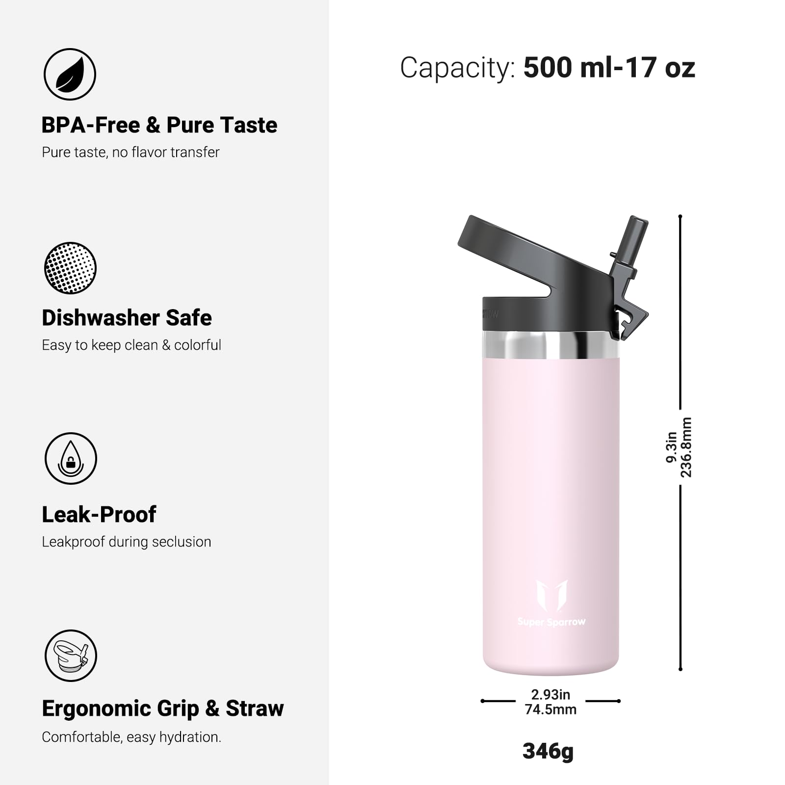 Super Sparrow Borraccia Termica - 500ml, 750ml, 1L - SwivelSip Inox Bottiglia - Senza BPA Borracce Termiche, Borraccia Bambini Ergonomica per Scuola, Sportiva, Bici, Campeggio, Palestra