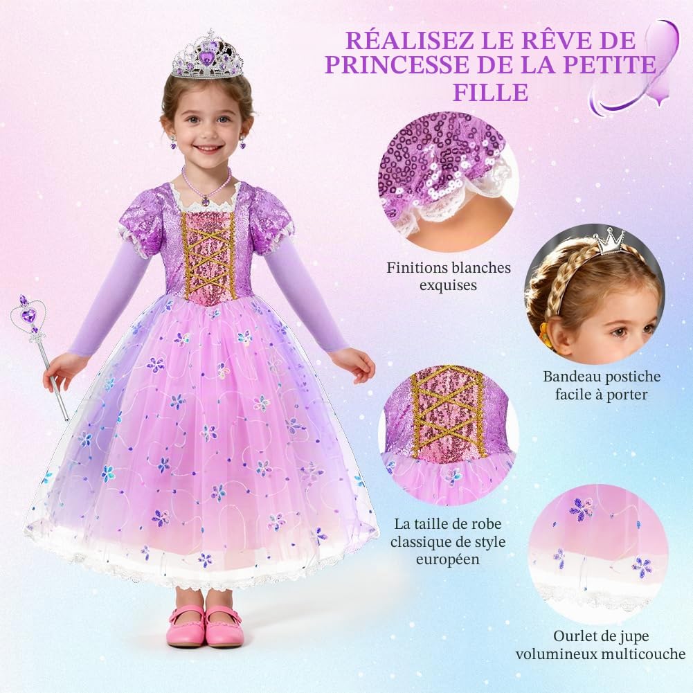 AOOWU 7 Pièces Enfant de Princesse, Costume Princesse avec Princess Wig,Crown,Wand,Necklace, Earrings and Sleeves, Violet Couronne Tulle Maxi Costume Carnaval Enfant pour Halloween Noël Cosplay