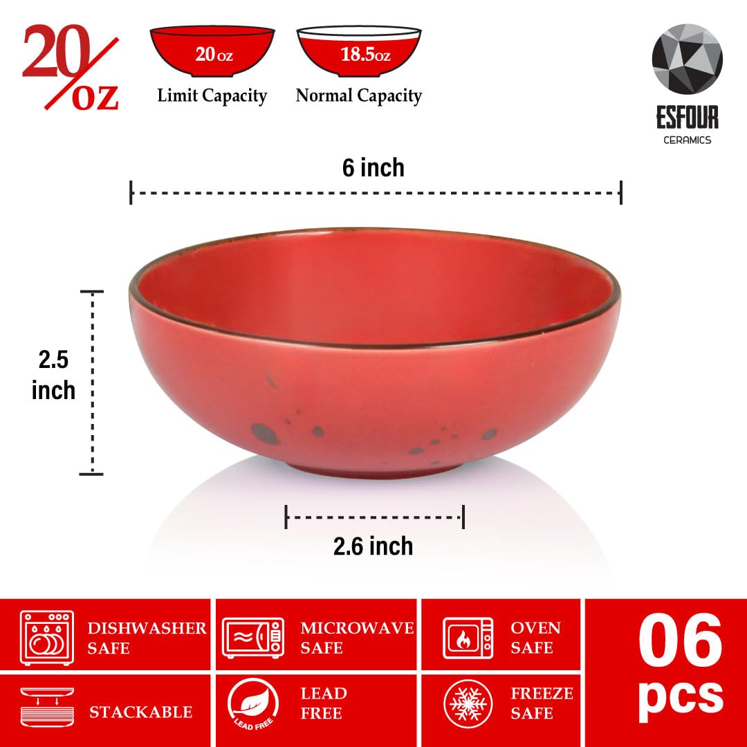 Esfour Cuencos redondos de porcelana – 18 onzas – Juego de 6 – Apto para microondas, horno, lavavajillas, resistente a los arañazos, cuencos pequeños de porcelana duraderos para cereales, ensalada