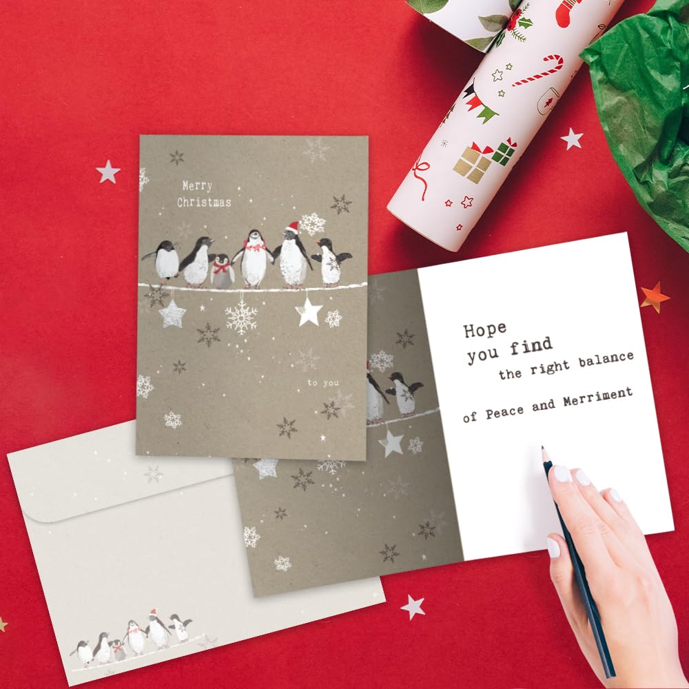 Tree-Free Greetings Holiday Greeting Cards, Penguin Merry Christmas, Vintage Brown Recycled Paper, Boxed Note Card Set - Image 2