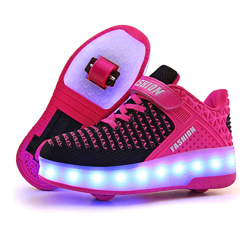 QneicRoller Shoes Girls Boys Roller Skate Shoes Wheels Sneakers Skateboarding USB Rechargeable LED Lights Up Skates Outdoor Sports Shoes Size 12.5 Pink