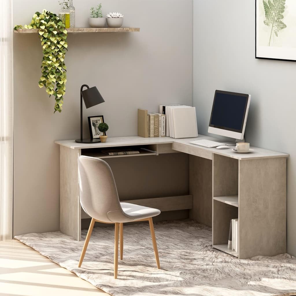 Biurko narożne w kształcie litery L, betonowo-szare, 120 x 140 x 75 cm, materiał drewnopochodny z wysuwaną półką na klawiaturę, 2 otwarte półki, stół biurowy do domowego biura, gabinetu i
