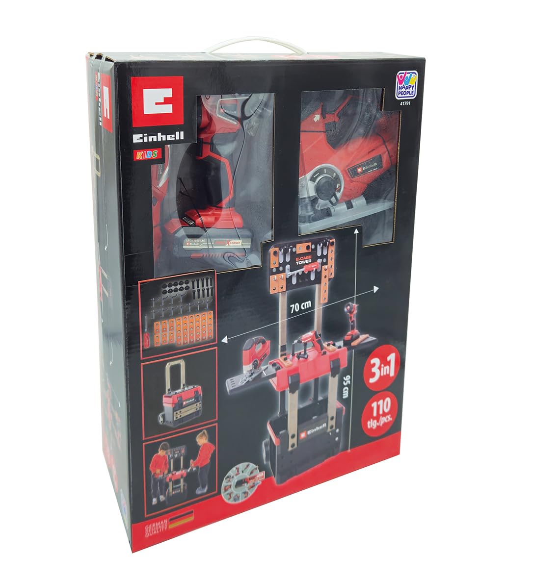 Einhell E-Case Werkbank 110-tlg., inkl. Mini-Schrauber, Stichsäge, Akku-Lampe und reichlich Zubehör, Größe ca. 70x33,5x95 (H) cm, Die erste transportfähige und mitwachsende Werkbank für Kinder. 3 Spie