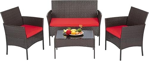 Miniatura 9 de FDW Juego de 3 piezas de muebles de exterior de mimbre marrón para patio, juego de sillas de ratán para bistró, juego de conversación, 2 sillas