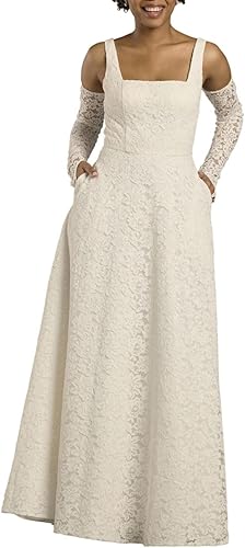David's Bridal Tank Square Neck Lace A-Line Wedding Dress, Women's Size 12, Soft