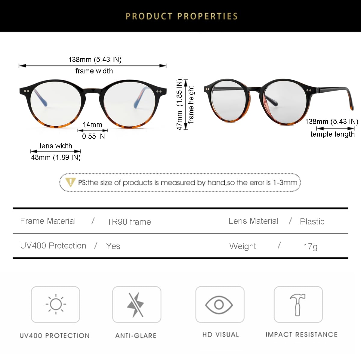 Gleyemor Blaulicht-Brille für Herren und Damen, Vintage, rund, Blaulicht, blockierend, Computer-Bildschirmschutzbrille (Schildkröte & Schwarz)