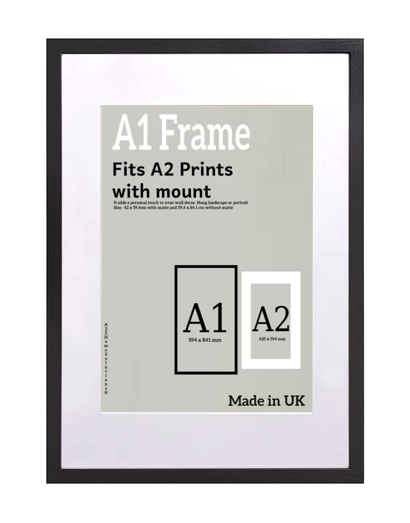Photo Frame Black A1 Frame With A2 Mount Picture Poster Print With Clear HD Perspex 30x15 MM Moulding Mounting Hooks MDF Backboard