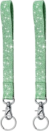 HOTCOOL 2 Pack Stylish and Durable With Keyrings Keychains Leather Wrist Lanyard Strap for Phone, Car Keys, Wallet, Id Holder, cameras, and Everyday Essentials, Glitter Green
