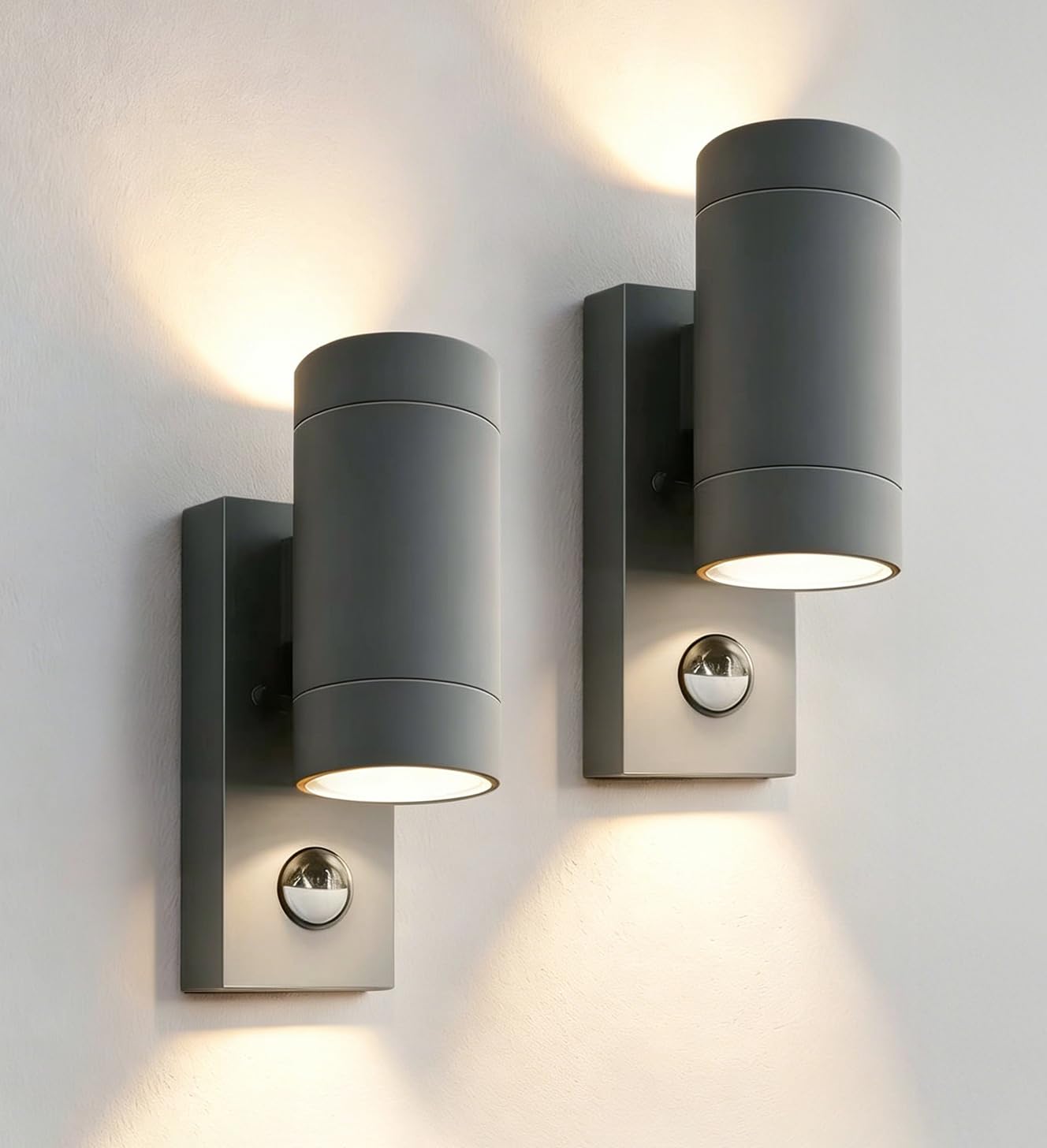 Aussenlampe mit Bewegungsmelder, Up and Down Außenlampe GU10 | IP65 Wasserdichte Wandleuchte Aussen, Aluminium Wandlampe Aussen für Wand, Haustür, Terrasse, Balkon, Anthrazit, 2 Stück