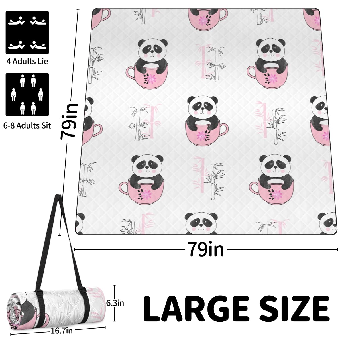 Shimoshe Extra Large Picnic Blankets 79”x 79”, Cup Panda Waterproof Foldable Picnic Mat with Straps Portable Beach Blanket for Camping Park Grass Beach Indoor