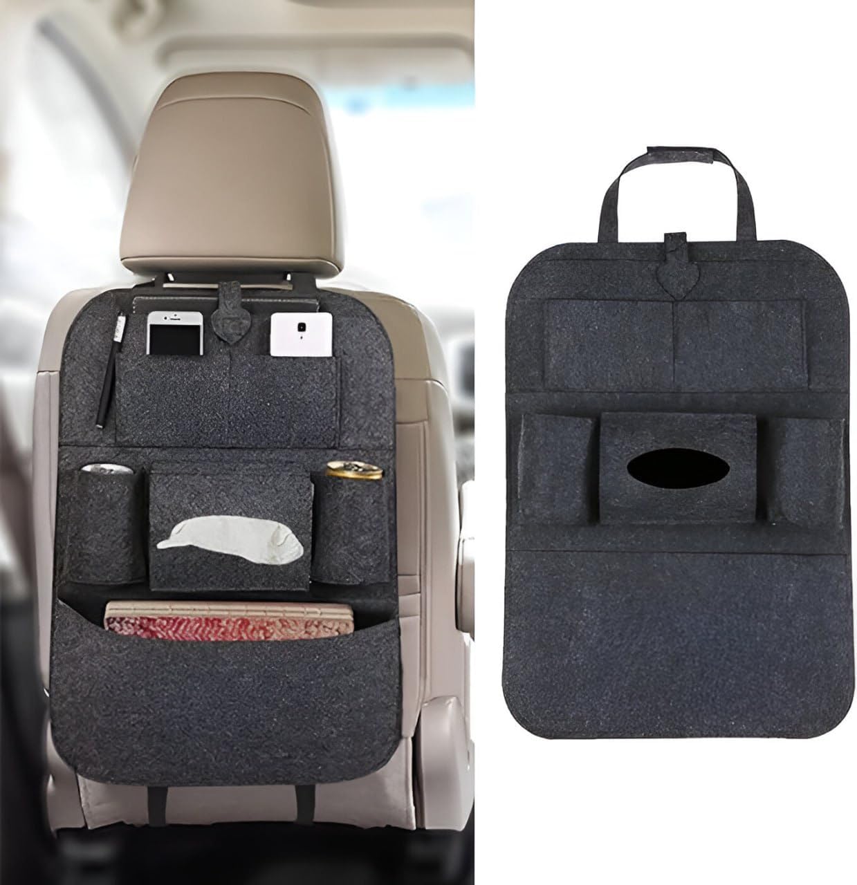 Car Back Seat Organizer with Foldable Tray Table,Multi-Pocket Car Seat Organizer with Tissue Holder & Cup Holders,Travel Storage Organizer for Kids Toys,Snacks,Tablet,Bottles & Car Accessories - Black-image-29