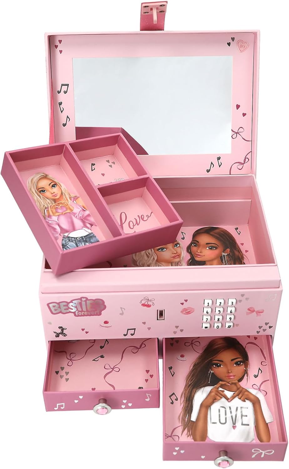 Depesche TOPModel My BFF 13724 Large Pink Jewellery Box with Model Motif and Hearts Jewellery Box with Code, Sound and Mirror