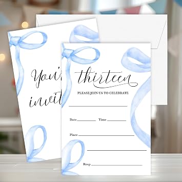 Birthday Invitations Girl, 20 Double-Sided 13th Birthday Invites with Envelopes, Blue Bow Party Decorations Supplies Favors - B02