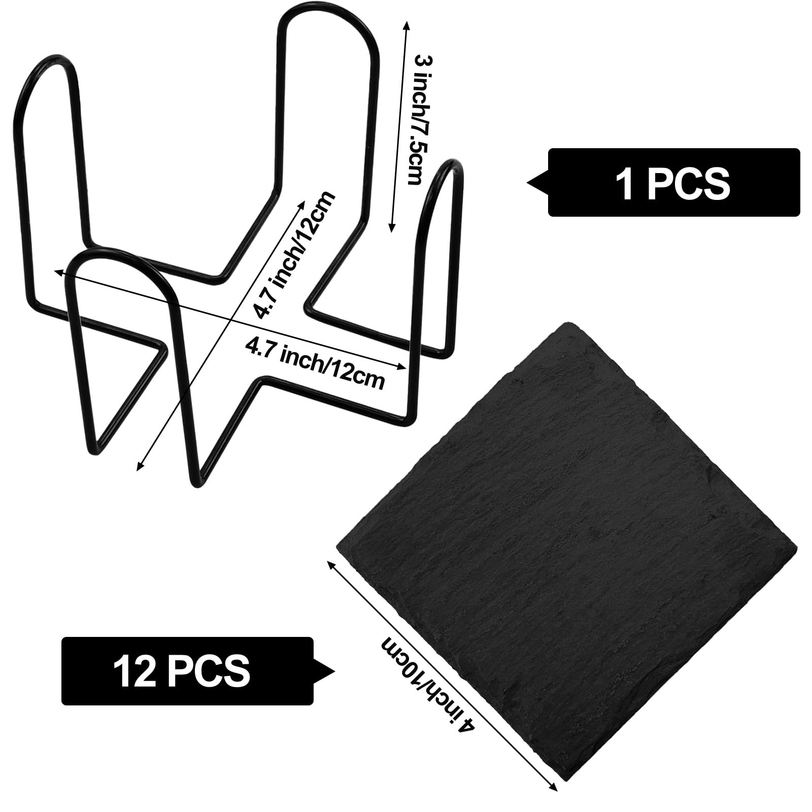 12 sottobicchieri in ardesia con supporto, 10 x 10 cm, rettangolari in vetro nero con base antigraffio, piatti da portata quadrati per bar, cucina, decorazione per la casa (A)