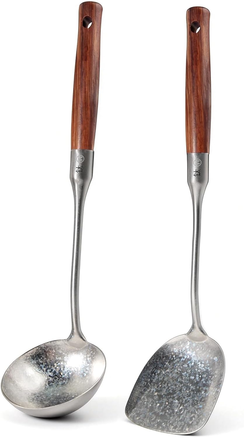 Newness Soup Ladle and Solid Turner, [Rustproof, Heat Resistance] Resilient Pure Titanium Soup Spoon and Turner with Long Ergonomic Natural Wooden Round Handle, Non-Toxic Cooking Spoon for Kitchen