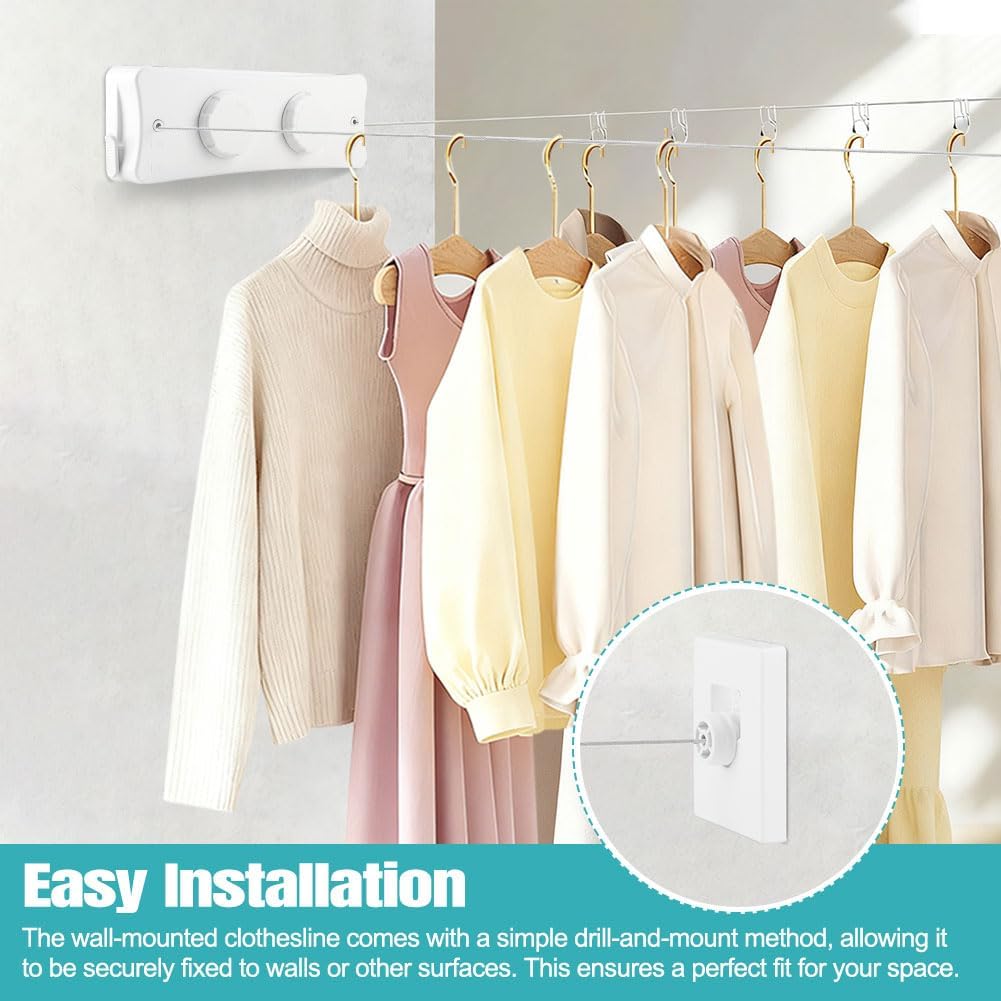 Retractable Clothesline Indoor with 20 Clothespins, 13.8 Ft Stainless Steel Double Clothes line for Hanging Clothes Indoor/Outdoor, Retractable Laundry Line Wall Mounted