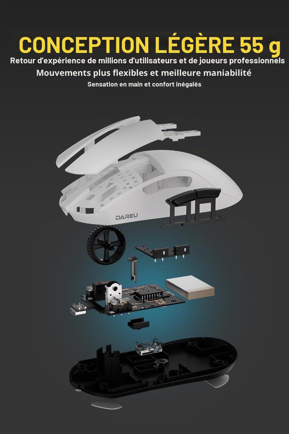 DAREU A950pro 4K Souris Gaming sans Fil: Ultra-légère 55 g, Fréquence de Sondage de 4KHz, Capteur Optique PAW3395, 5 Boutons Programmables, Support 15min Fast Charging et Connexion Tri-Mode (Blanc)