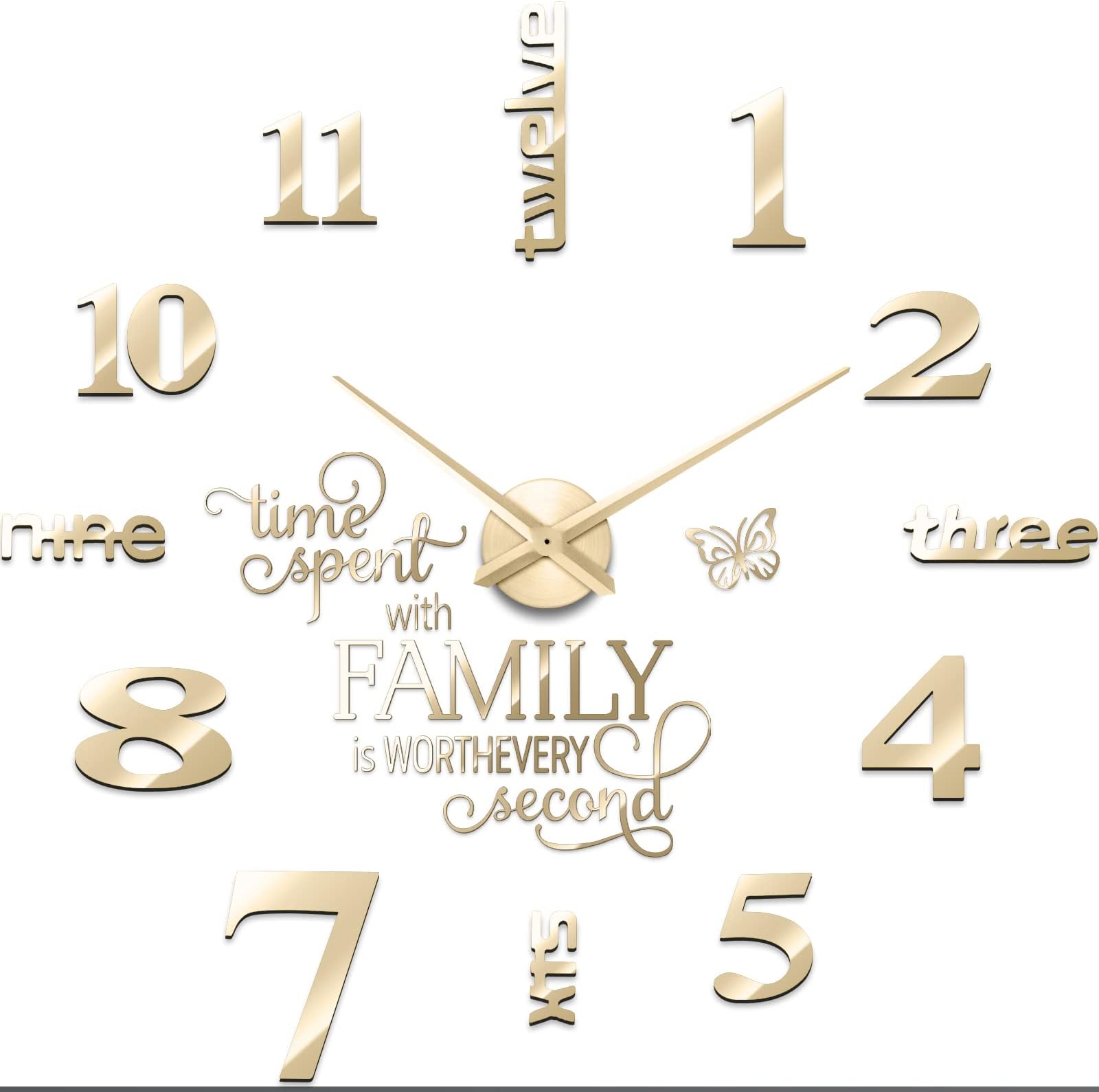 Junkin 3D Large Frameless DIY Wall Clock Modern Decor Family Quote Wall Stickers Clock Kit for Home Living Room Bedroom Office Decorations Adjustable Size(Gold)