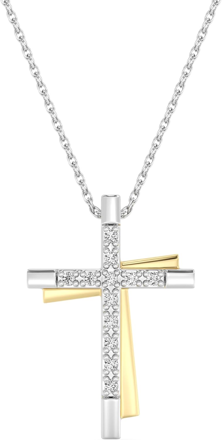 Itsy Bitsy by Gilded Sterling Silver & 14KT Gold Plated Silver Diamond Cross Pendant Necklace, 0.10 CTTW, SI1 F-Color Lab Grown Diamond, 18” Chain with Spring-Ring Lock