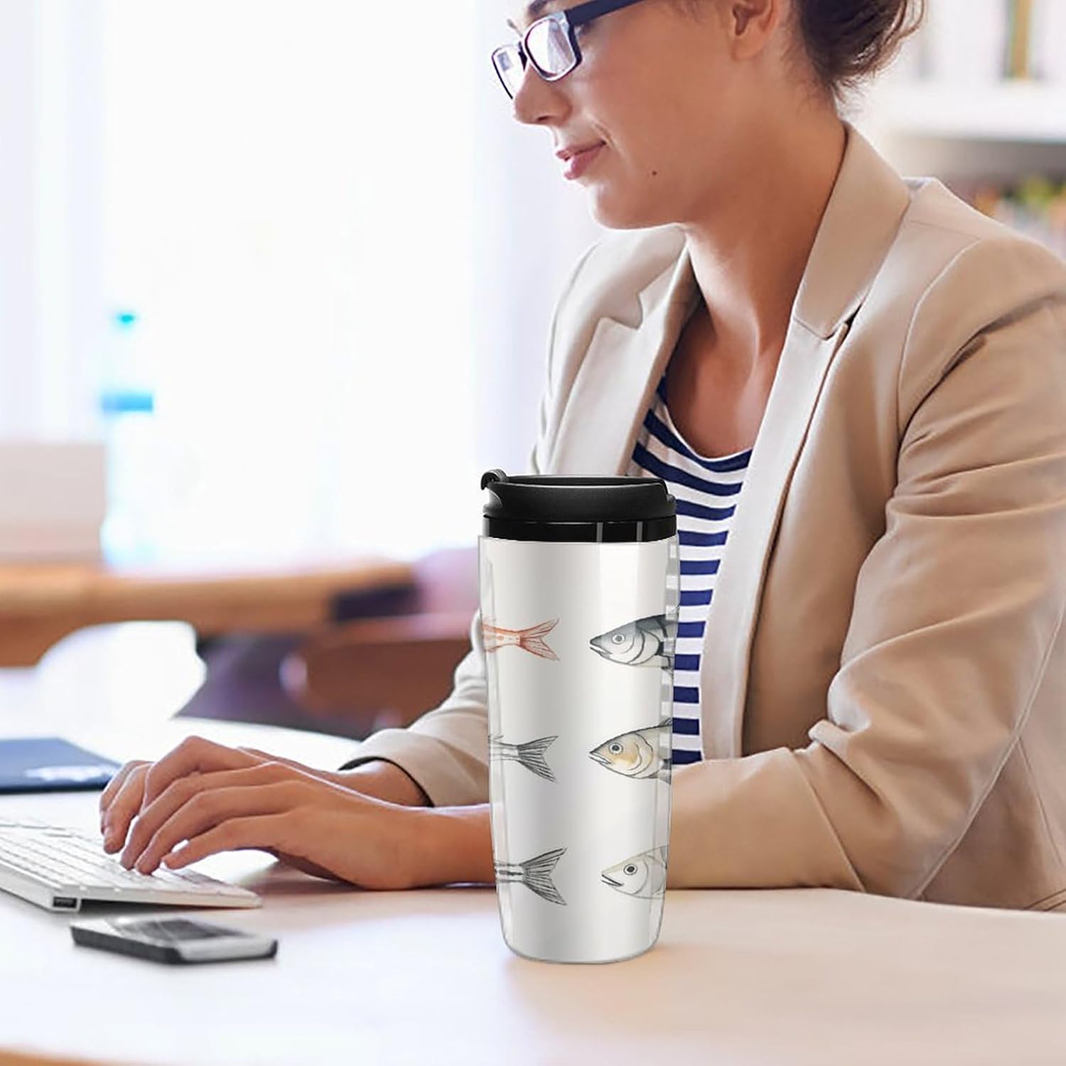 Ink Style Cod Coffee Cup Reusable Portable Water Bottle with Double-Walled Plastic,Coffee Mug for Hot & Cold Drinks, Cup Holder Friendly 350ml