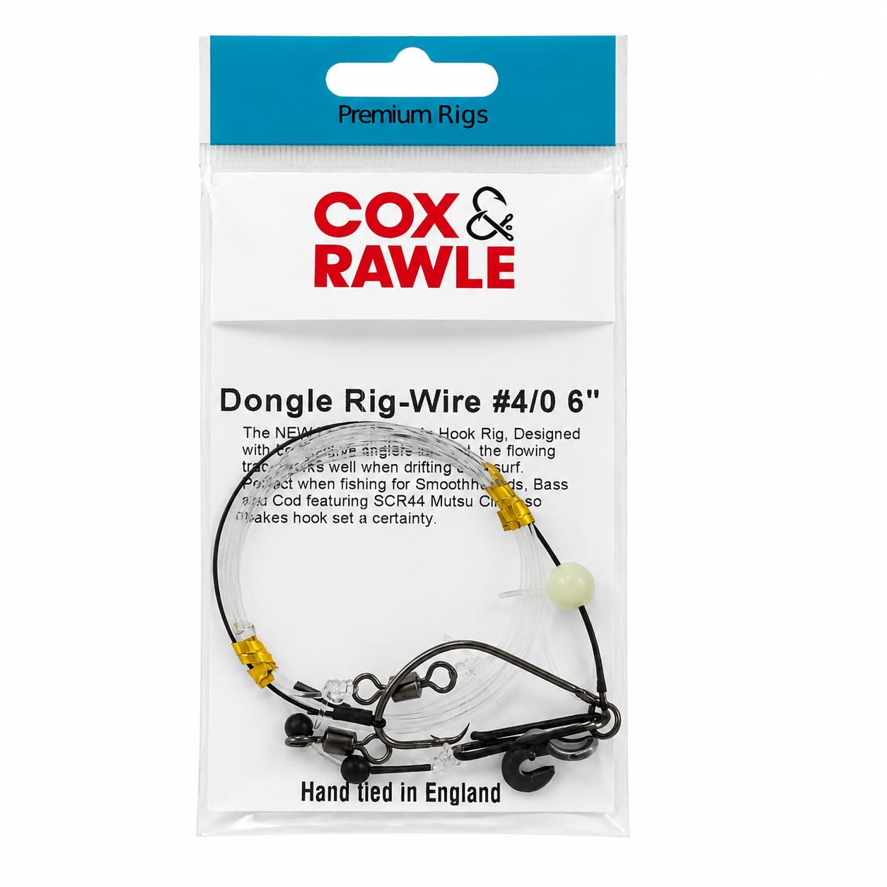Cox & Rawle Dongle Rig-Wire - New Classic Rig Featuring Mutsu Circle Hook for Tope, Smooth-Hounds, Bass, and Cod - Flowing Trace Design (8inch 6/0)