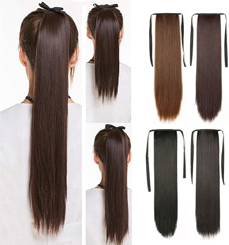 455525.6 in moda mujeres largo recto peluca cola de caballo extensión del pelo Cosplay hairpiece marrón oscuro 25.6 in
