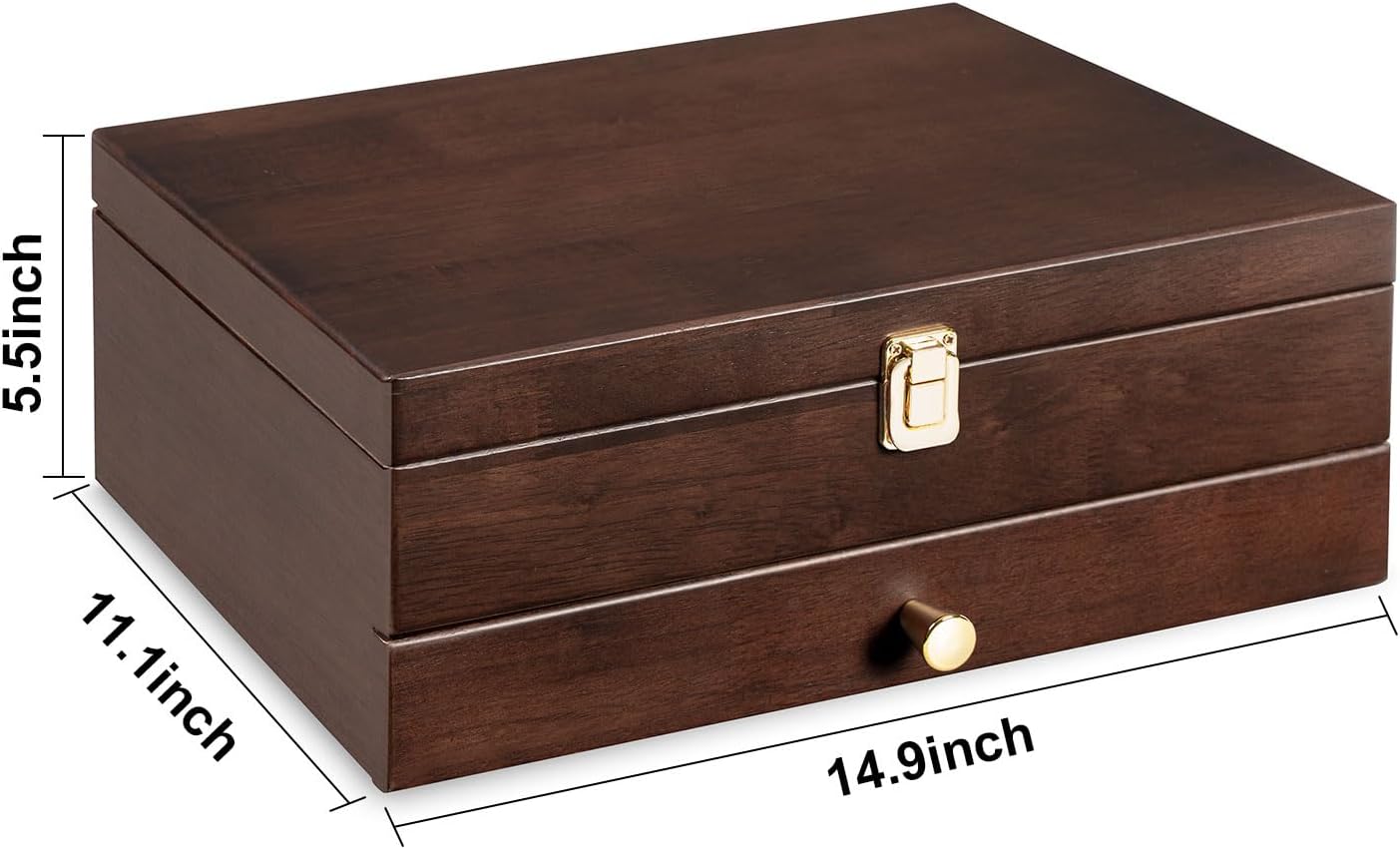 Silverware Storage Box, 2-Layer Flatware Storage Case with Drawer, Wooden Silverware Chest with Linen Liner, Rustic Silverware Case for Storing Fine Flatware and Utensils (Walnut)