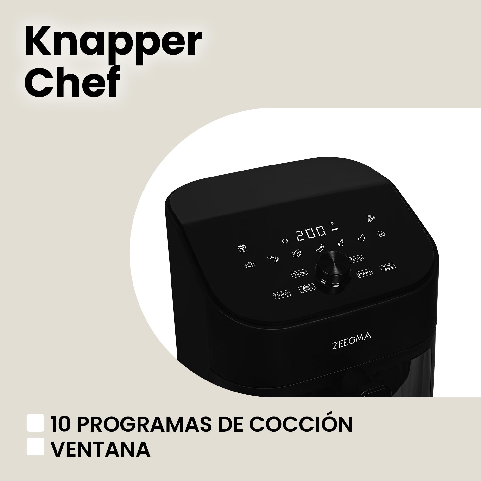 Freidora de Aire Zeegma Knapper Chef 6,5L - Cocina Saludable sin Aceite con 10 Programas Automáticos, 1600W, Calentamiento Rápido en 60s, Pantalla Táctil LCD, Fácil de Limpiar