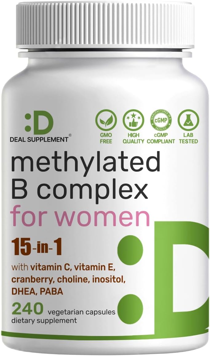 DEAL SUPPLEMENT Methylated B Complex for Women, 240 Vegetarian Capsules | 15-in-1 Bioactive Formula with Methylated & Activated B Vitamins Plus Inositol, Cranberry, Choline, PABA & DHEA | Non-GMO