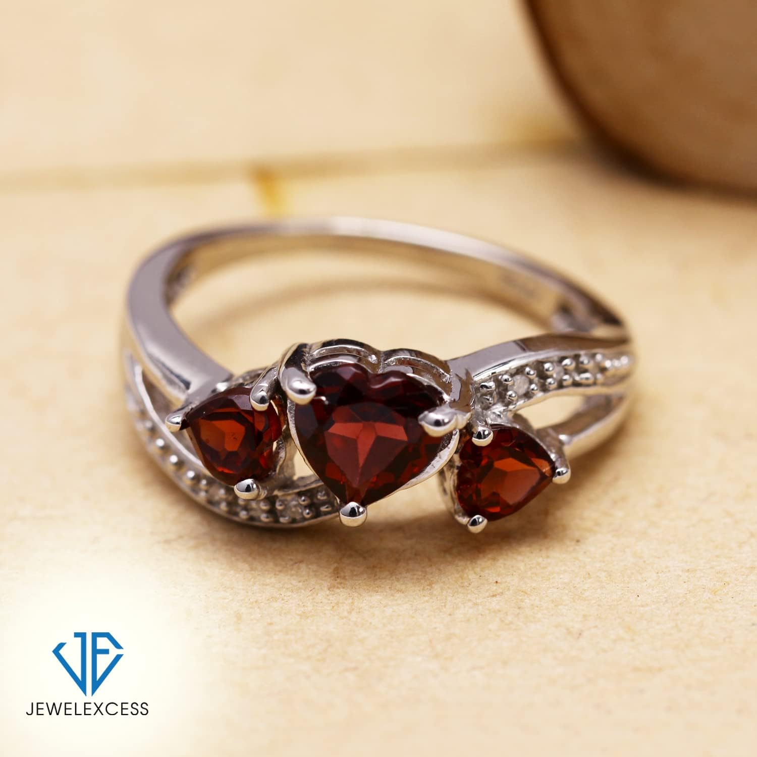 JEWELEXCESS Garnet Ring – Stunning Sterling Silver or 14K Gold over Silver Ring with 1 1/2 Carat T.G.W. Garnets & White Diamond Accents - Elegant Heart Ring Design - Hypoallergenic Silver Diamond Ring