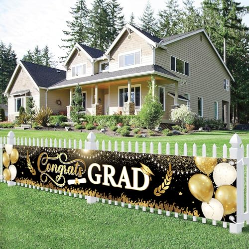 Image of Graduation Decorations 2026 | Xtralarge Black and Gold Congrats Grad Banner - 120x20 Inch | Graduation Banner | Black and Gold Graduation Yard Banner For Class Of 2026 | KatchOn