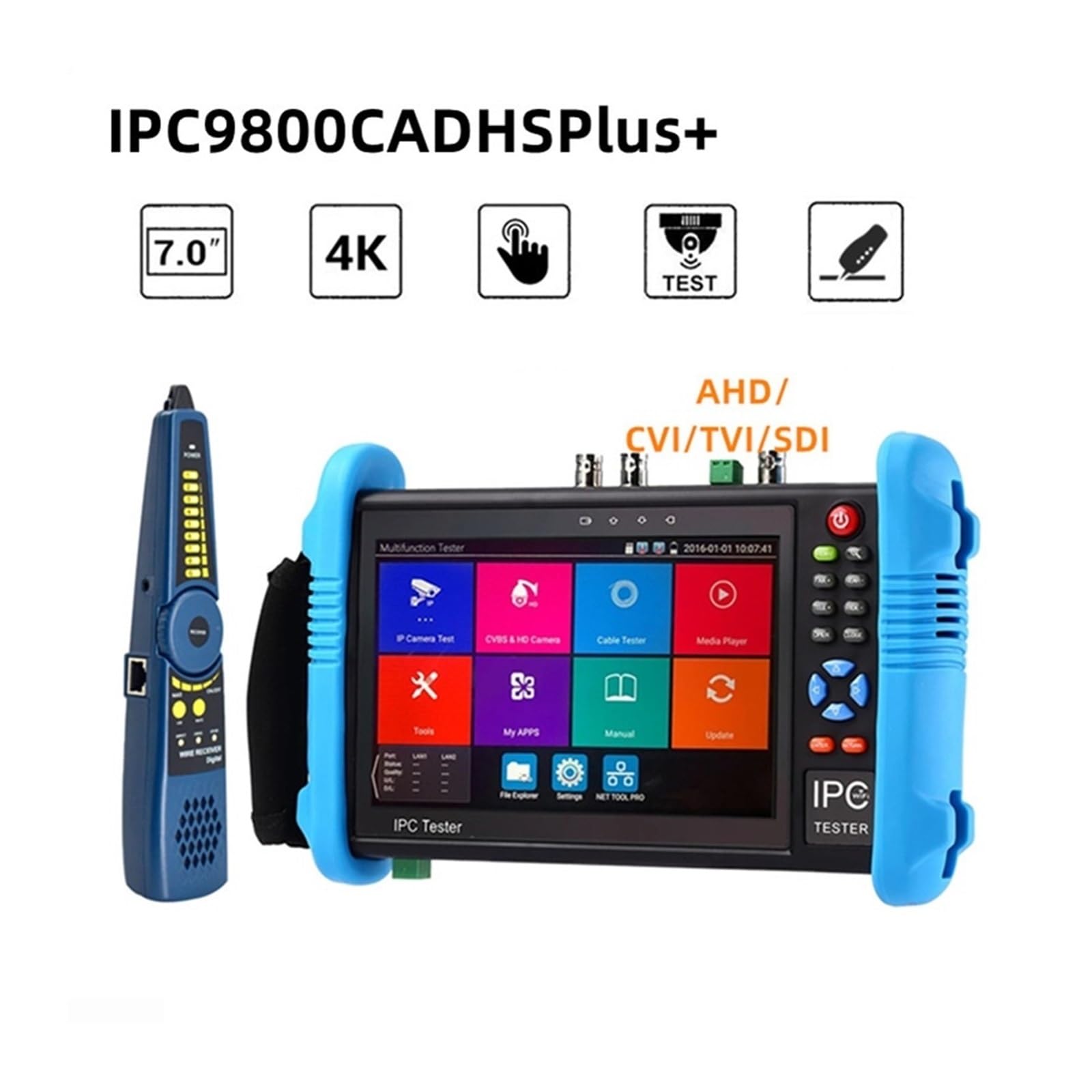 Tester CCTV, Tester for telecamera di sicurezza CCTV 6 in 1 da 7 pollici, supporta TVI8MP, CVI8MP, AHD8MP, EX-SDI8MP, tester portatile con uscita 12V