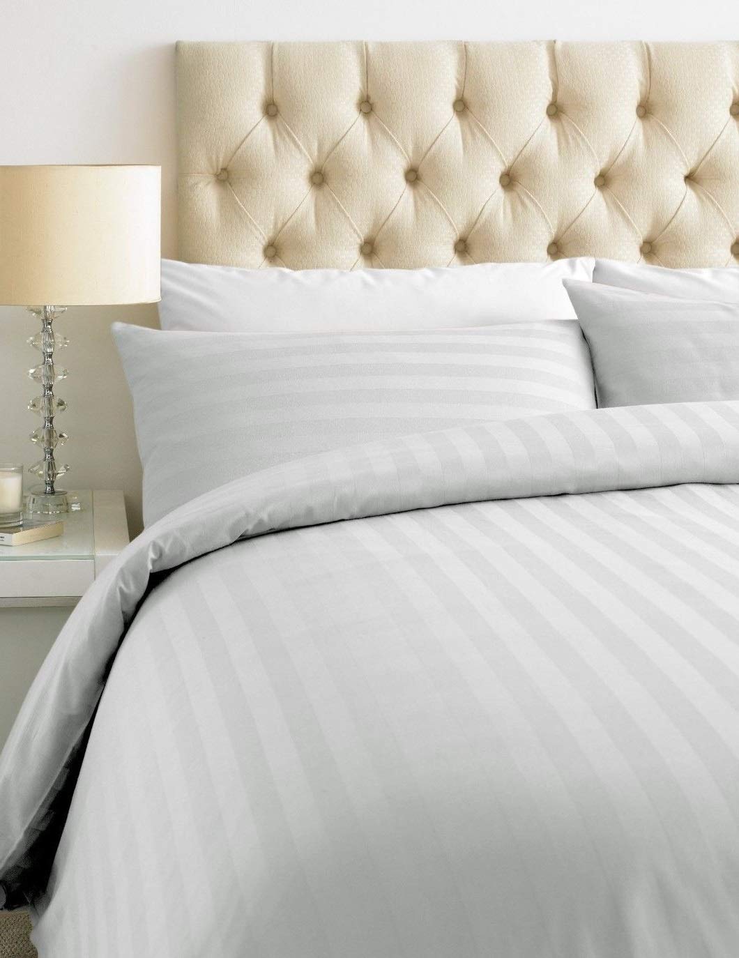 Bedtime Comforts Ltd White Emperor Bed Size Duvet Quilt Cover + 2 Pillowcases - Satin Stripe - 100% Cotton (Duvet Cover Set Only)