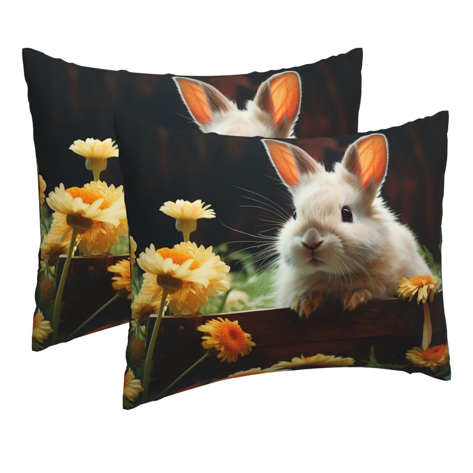 2 Pack Pillow Cases with Hidden Zipper, Soft Breathable Pillow Covers for Hair and Skin, Rabbit and Flower Pillowcases 16"x20" Bed Pillow Protectors Cover for Sleeping Gifts
