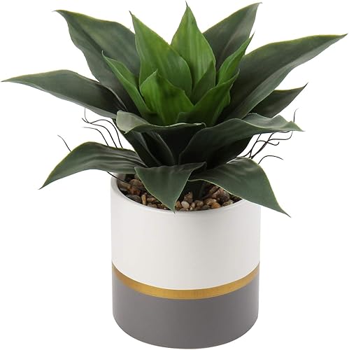 Briful Suculentas plantas artificiales de aloe de agave falsas en maceta de cerámica dorada y gris oscuro de 9.4 pulgadas de alto, pequeña planta de