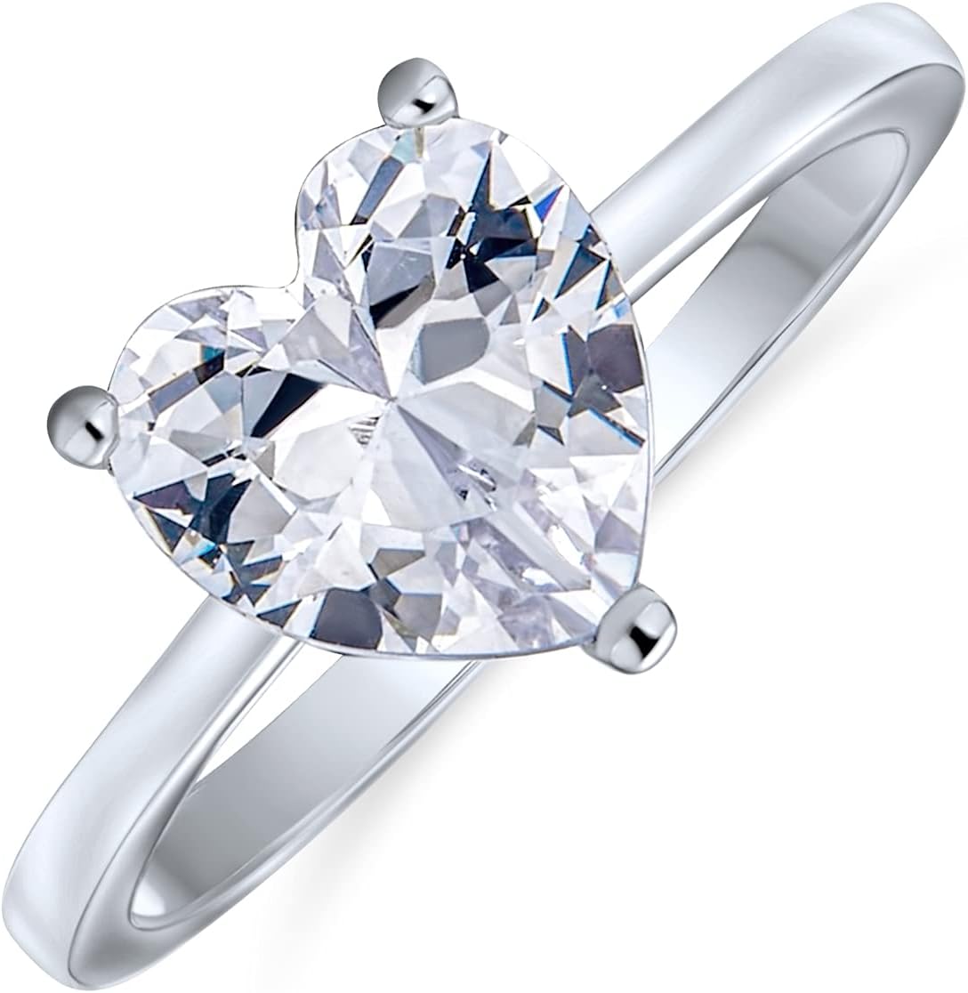 Bling Jewelry Classic Romantic 2CT AAA CZ Solitaire Heart Shaped Engagement Ring For Women Thin Plain Band Promise Ring .925 Sterling Silver