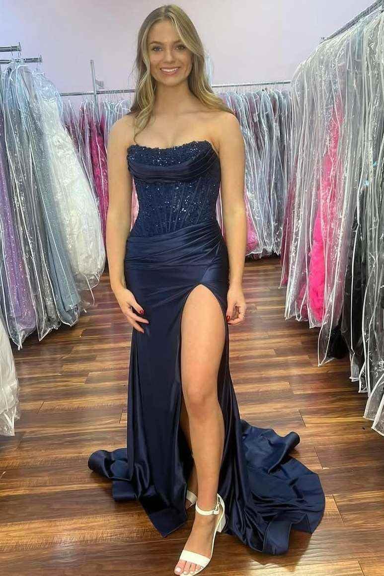 Strapless Corset Prom Dresses Long Ball Gown Sequin Mermaid Evening Dress for Women with Slit