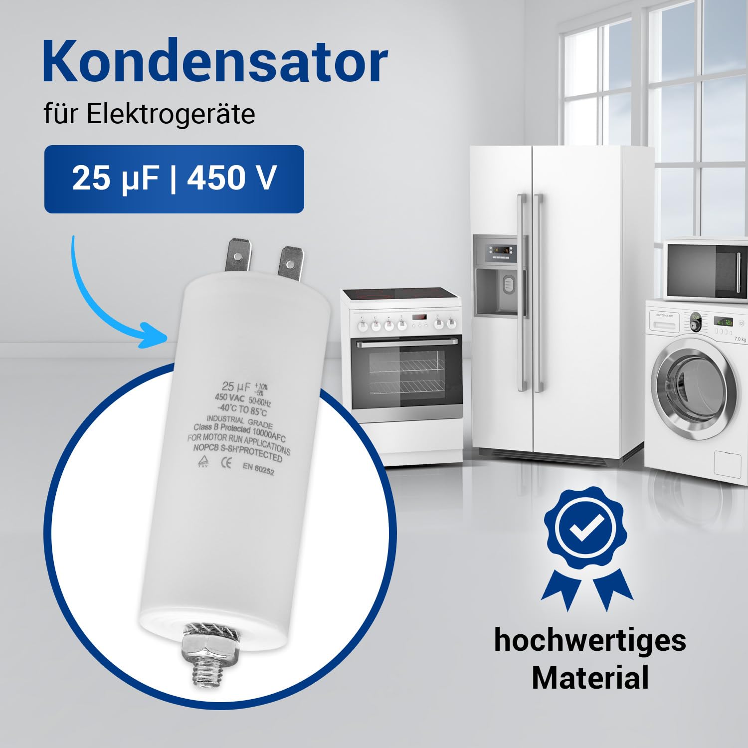 VIOKS Kondensator rozruchowy CBB60 kondensator 25µF 450 V – kondensator silnikowy LED, uniwersalny z flagami wtykowymi AMP 6,3 mm i śrubą mocującą M8 do elektrycznych urządzeń domowych