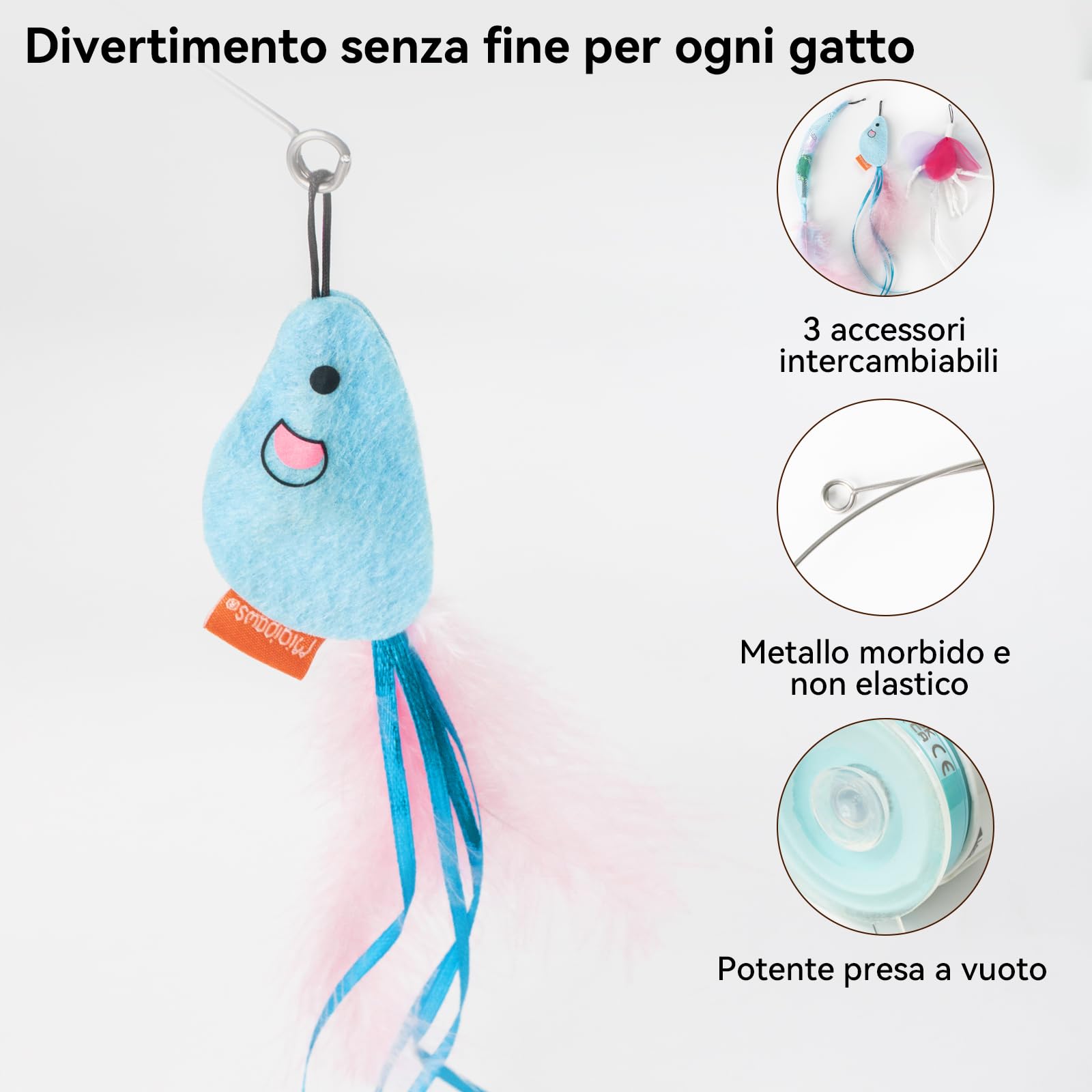 Migipaws Giocattolo interattivo per gatti con potente ventosa, filo flessibile da 70 cm e design pieghevole fai da te, giocattolo per l'esercizio fisico dei gatti con timer automatico，ricaricabile