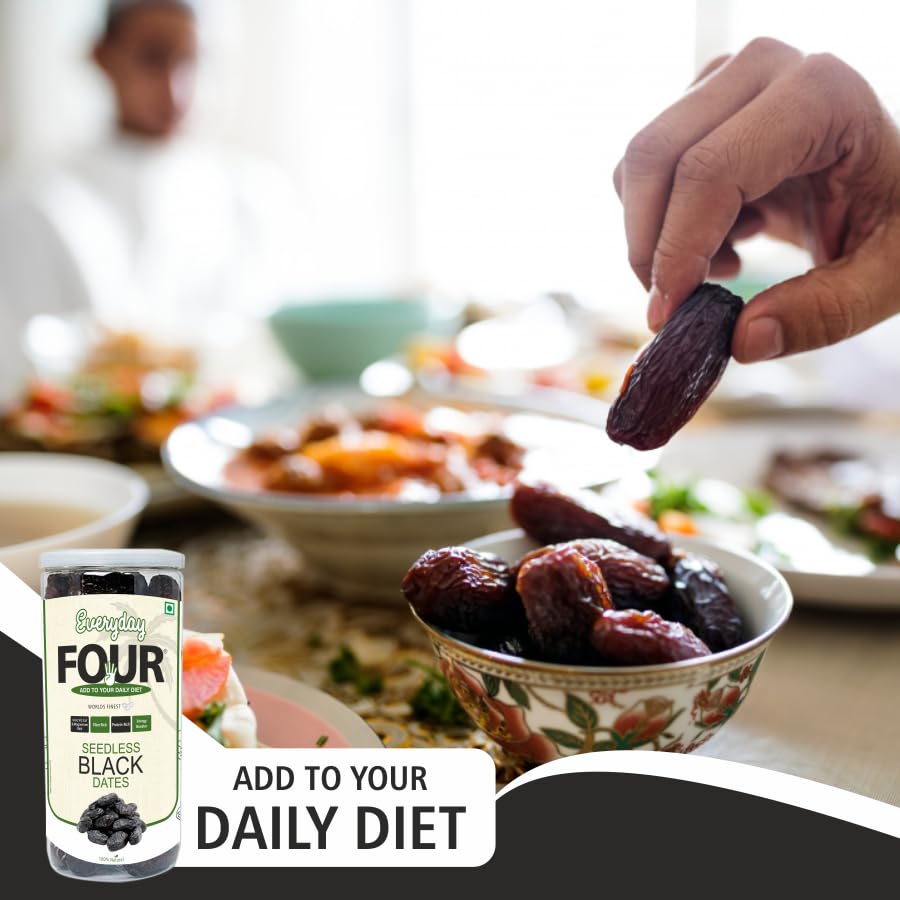 Image of Everyday Four Seedless Black Dates | All Natural Fresh Khajur with No Added Sugar | Healthy & Nutrition Free 800g Dry Fruits | Black Khajoor Rich in Protein & Vitamin Vegan Finest Dates