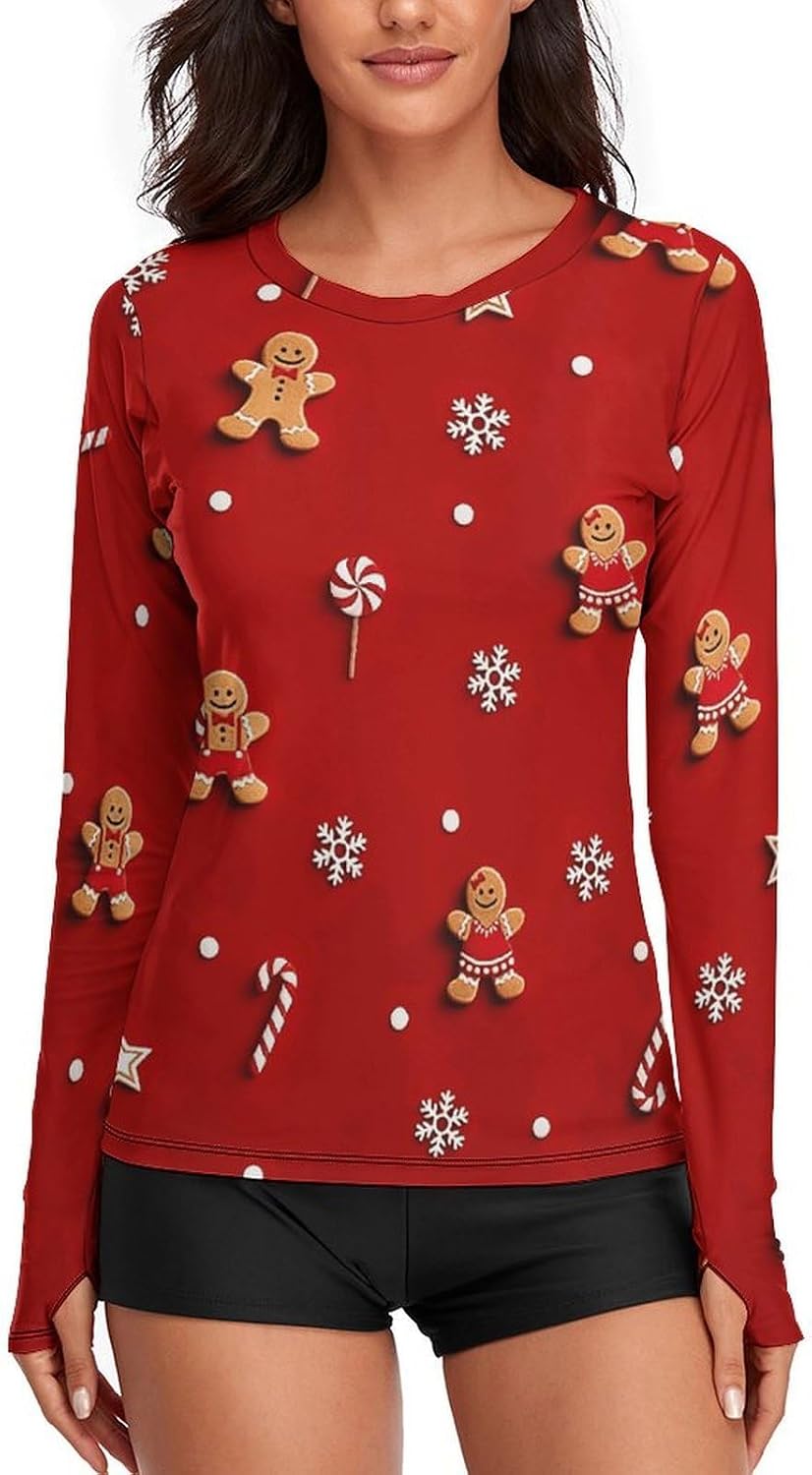 Cute Gingerbread Rash Guard for Women UPF 50+ UV Sun Protection | Long Sleeve Workout Top Quick Dry Athletic Hiking Shirt Moisture Wicking Swim Shirt for Running, Cycling, Swimming