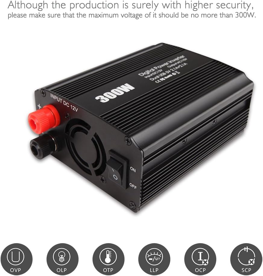 iRULU 300W Microprocessor Power Inverter DC 12V to 110V AC Car Inverter with 4.2A Dual USB Car Adapter -Black