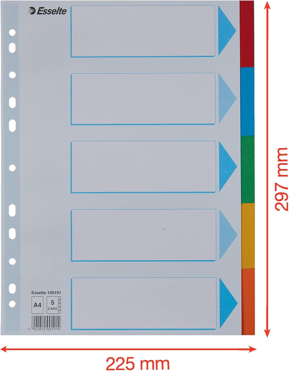 Esselte A4 Card File Dividers. 5 Parts Coloured Folder Dividers with Identification Front Sheet, for Ring Binders and Lever Arch Files. Made from Durable, Recycled Card